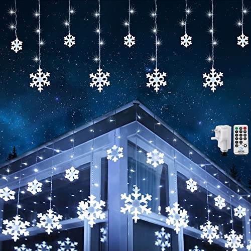 Geemoo Christmas Icicle Lights with Snowflake 3m/10ft 168 LED Christmas Lights Outdoor Mains Powered with 8 Modes, Timer, Connectable, Christmas Fairy Lights for Curtain, Eaves, Window Decorations