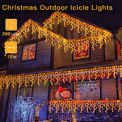 Ollny Icicle Fairy Lights Outdoor - 396 LED 10M Waterproof Fairy Lights Plug in, Remote/8 Modes/Timer/Connectable Warm White String Lights, Eaves Window Garden House Roof Christmas Decorations