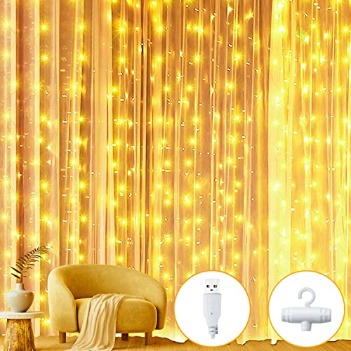 Ollny Curtain Fairy Lights Indoor - 300LED 3mx3m Window Waterfall Hanging String Wall Lights with USB Plug in, Waterproof Christmas Lights for Bedroom/Outdoor/Wedding/Party/DIY/Decorations