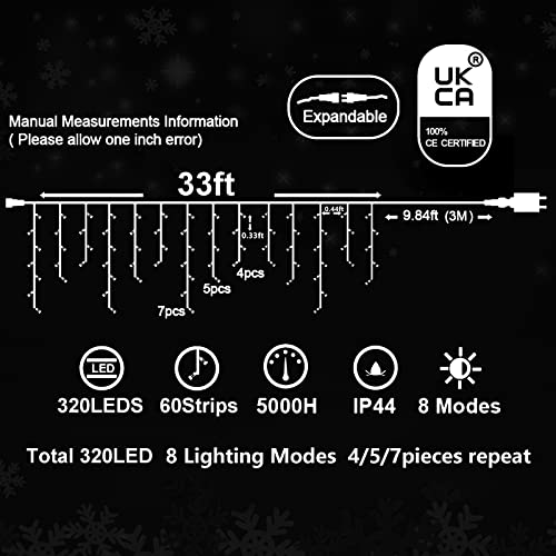 Icicle Outdoor Christmas Lights 10M 320 LED Fairy Lights Plug In 60 Drops Waterproof Xmas Decorations Lights 8 Modes Memory Decor String Lights For House Roof Window Patio Indoor Party-Cool White