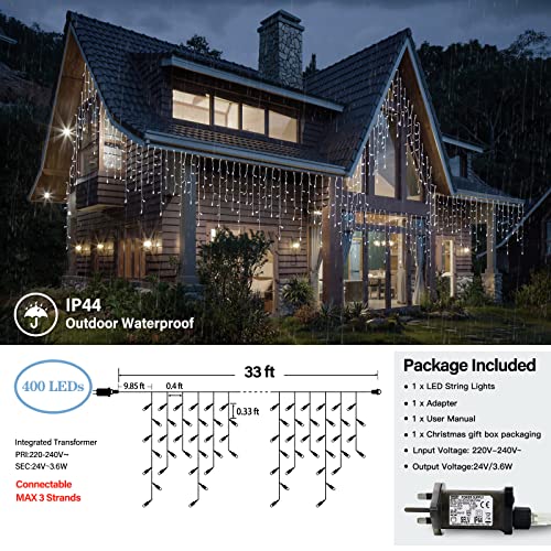 Icicle Lights Outdoor 10M 400 LED with 75 Drops Connectable Fairy Curtain Lights Plug in 8 Modes Main Powered Waterproof Outdoor Indoor Decorations for Wedding Party in Room Garden Roof (Cool White)