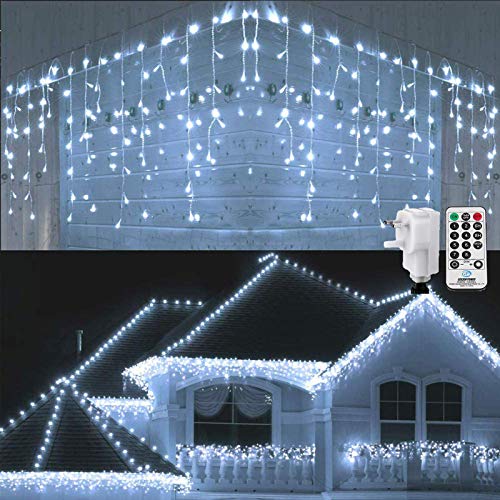 Geemoo Icicle Lights Outdoor, 360 LED Christmas Lights, 29.5ft, 8 Modes, 60 Drops Fairy Lights Mains Powered with Remote for Window,Party, Holiday, Christmas Decoration (White)
