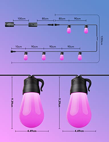 Govee Outdoor 48ft LED String Lights, 15m RGBIC WiFi Garden Lights Dimmable Warm White Bulbs, IP65 Waterproof Smart APP Control , Work with Alexa for Christmas, Backyard, Party