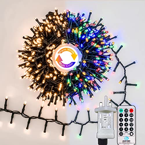Gresonic 300LED 19.7ft Warm White to Multicolor Christmas Tree String Lights,9 Modes Timer Green Cable Wire Twinkle Lights,IP44 Waterproof Plug in Fairy Lights for Garden Fence Decoration