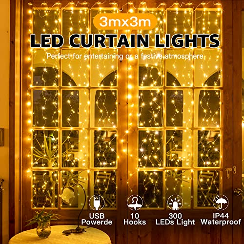 Ollny Curtain Fairy Lights Indoor - 300LED 3mx3m Window Waterfall Hanging String Wall Lights with USB Plug in, Waterproof Christmas Lights for Bedroom/Outdoor/Wedding/Party/DIY/Decorations