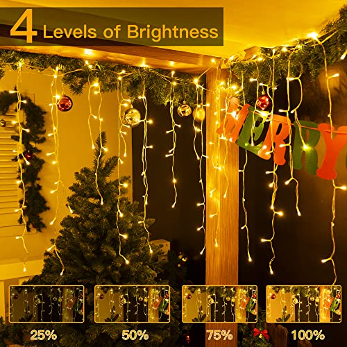 Ollny Icicle Fairy Lights Outdoor - 396 LED 10M Waterproof Fairy Lights Plug in, Remote/8 Modes/Timer/Connectable Warm White String Lights, Eaves Window Garden House Roof Christmas Decorations