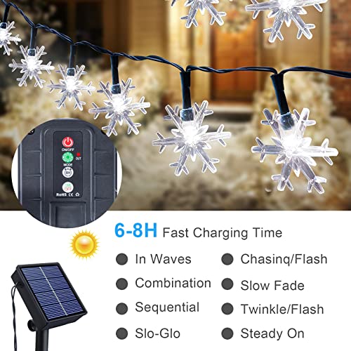 Fohil Solar String Lights Snowflake100LED 12M 8 Modes Waterproof Outdoor Garden Christmas Patio Indoor Decor