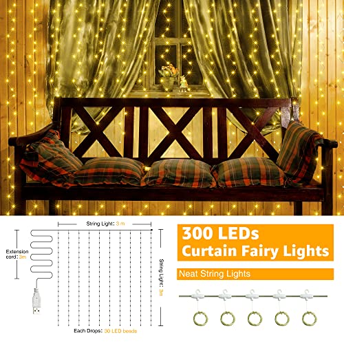 Ollny Curtain Fairy Lights Indoor - 300LED 3mx3m Window Waterfall Hanging String Wall Lights with USB Plug in, Waterproof Christmas Lights for Bedroom/Outdoor/Wedding/Party/DIY/Decorations
