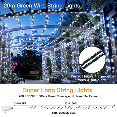 Ollny Fairy Lights Plug in - 20m 200 LED Fairy Lights Outdoor Waterproof, Remote/8 Modes/Timer - Cool White String Lights Mains Powered for Outside/Indoor/Garden/Party/Christmas Decorations Lights