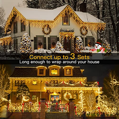 Ollny Icicle Fairy Lights Outdoor - 396 LED 10M Waterproof Fairy Lights Plug in, Remote/8 Modes/Timer/Connectable Warm White String Lights, Eaves Window Garden House Roof Christmas Decorations