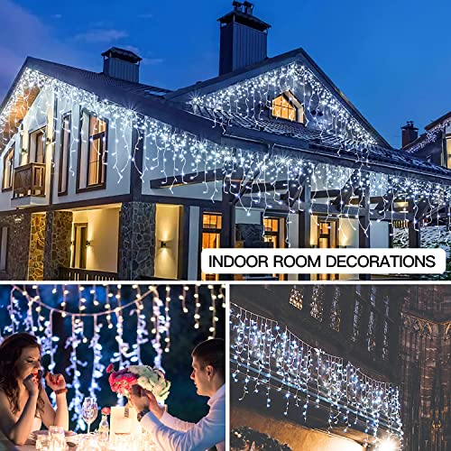 Icicle Lights Outdoor 10M 400 LED with 75 Drops Connectable Fairy Curtain Lights Plug in 8 Modes Main Powered Waterproof Outdoor Indoor Decorations for Wedding Party in Room Garden Roof (Cool White)