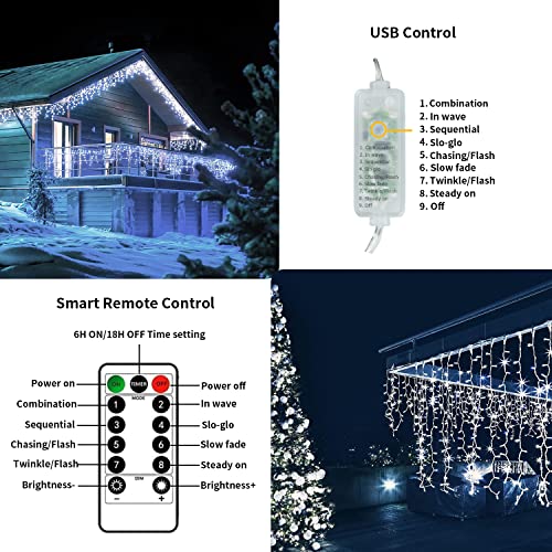 Icicle Outdoor Christmas Lights, RJEDL 360 LED 12.2m/40ft Icicle String Lights Plug in with Timer&8 Modes, IP65 Waterproof Hanging Fairy Lights for Indoor Holiday Patio Party Wedding Decor(Cool White)