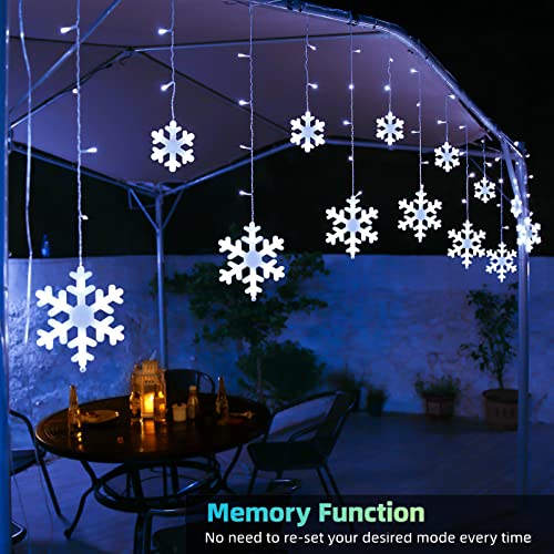 Geemoo Christmas Icicle Lights with Snowflake 3m/10ft 168 LED Christmas Lights Outdoor Mains Powered with 8 Modes, Timer, Connectable, Christmas Fairy Lights for Curtain, Eaves, Window Decorations