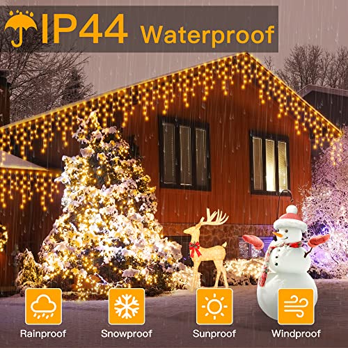 Ollny Icicle Fairy Lights Outdoor - 396 LED 10M Waterproof Fairy Lights Plug in, Remote/8 Modes/Timer/Connectable Warm White String Lights, Eaves Window Garden House Roof Christmas Decorations