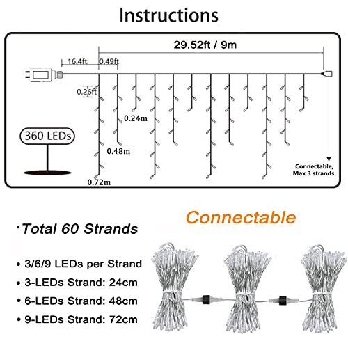 Geemoo Icicle Lights Outdoor, 360 LED Christmas Lights, 29.5ft, 8 Modes, 60 Drops Fairy Lights Mains Powered with Remote for Window,Party, Holiday, Christmas Decoration (White)