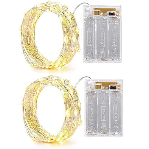 Fairy Light Battery Operated 2Pack LED Lights with Timer Setting Warm White String Lights, 2M 2Pack Silver Wire Starry Lighting, for Bedroom, Indoor, Christmas Tree, Wedding Decor Idea Put in Jars