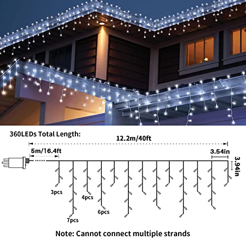 Icicle Outdoor Christmas Lights, RJEDL 360 LED 12.2m/40ft Icicle String Lights Plug in with Timer&8 Modes, IP65 Waterproof Hanging Fairy Lights for Indoor Holiday Patio Party Wedding Decor(Cool White)