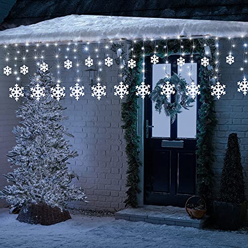 Geemoo Christmas Icicle Lights with Snowflake 3m/10ft 168 LED Christmas Lights Outdoor Mains Powered with 8 Modes, Timer, Connectable, Christmas Fairy Lights for Curtain, Eaves, Window Decorations