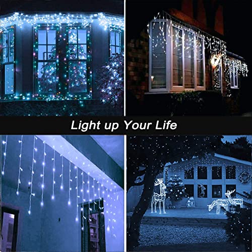 Geemoo Icicle Lights Outdoor, 360 LED Christmas Lights, 29.5ft, 8 Modes, 60 Drops Fairy Lights Mains Powered with Remote for Window,Party, Holiday, Christmas Decoration (White)