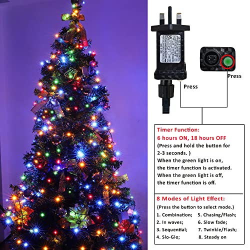 YOSION 20M LED String Fairy Lights On Dark Green Cable with Various Light Effects, Ideal for Christmas Tree, Xmas, Party,Wedding,ETC (Multi, 200 LEDs)