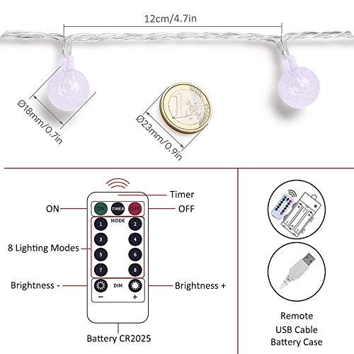 Zorela Globe String Lights, 15M/49ft 100 LED Fairy Lights Battery or USB Powered, 8 Modes Christmas Lights Outdoor Indoor with Remote & Timer for Home, Balcony, Patio, Gazebo and Garden