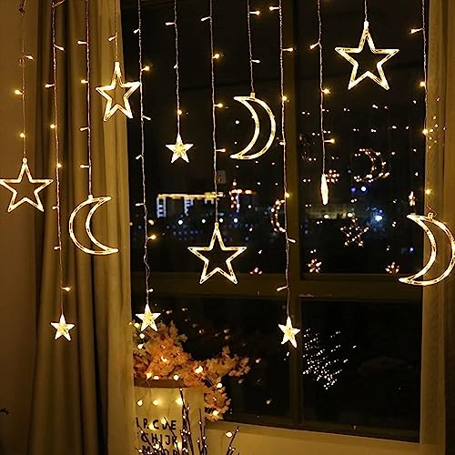 LED Curtain Lights Christmas String Lights Plug in, 3.5M 120 LEDs Curtain String Lights Warm White Fairy Lights Christmas Star Moon Lights with 8 Modes for Bedroom Wedding Party Indoor Decorations