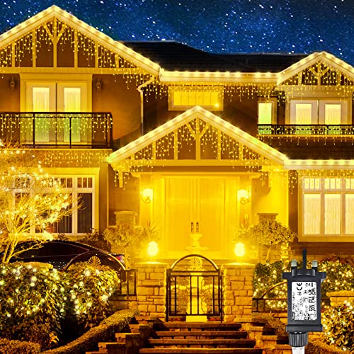 Chipark Icicle Lights Outdoor, 29ft/360 LED Plug in Outdoor Christmas Lights 8 Modes Waterproof Mains Powered Decorate Lighting for Indoor Party Bedroom Garden Yard Christmas Tree (Warm White)