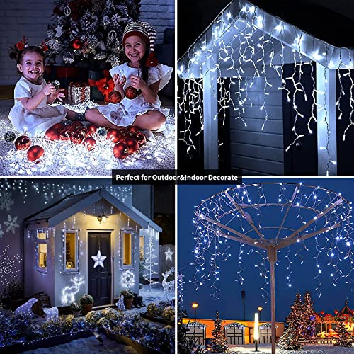Icicle Outdoor Christmas Lights, RJEDL 360 LED 12.2m/40ft Icicle String Lights Plug in with Timer&8 Modes, IP65 Waterproof Hanging Fairy Lights for Indoor Holiday Patio Party Wedding Decor(Cool White)