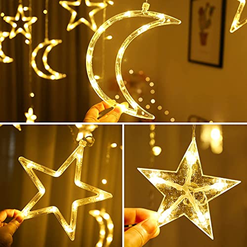 LED Curtain Lights Christmas String Lights Plug in, 3.5M 120 LEDs Curtain String Lights Warm White Fairy Lights Christmas Star Moon Lights with 8 Modes for Bedroom Wedding Party Indoor Decorations
