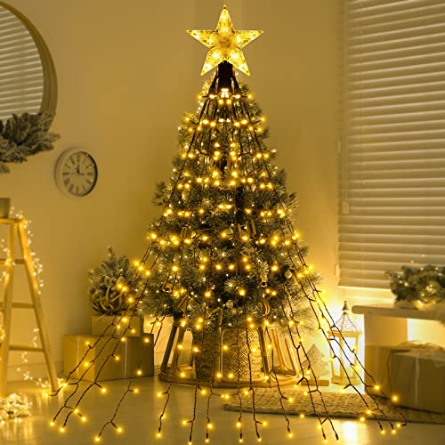 Warm White Christmas Tree Lights, 1.3m/4.3ft × 14 Lines, 178 Led Fairy Lights Plug In Mains Powered With 8 Modes Indoor Xmas Tree Lights With Topper Star, String Lights For Indoor Outdoor Xmas Tree