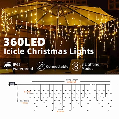Chipark Icicle Lights Outdoor, 29ft/360 LED Plug in Outdoor Christmas Lights 8 Modes Waterproof Mains Powered Decorate Lighting for Indoor Party Bedroom Garden Yard Christmas Tree (Warm White)