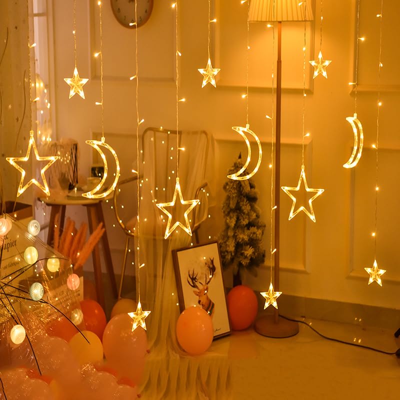 LED Curtain Lights Christmas String Lights Plug in, 3.5M 120 LEDs Curtain String Lights Warm White Fairy Lights Christmas Star Moon Lights with 8 Modes for Bedroom Wedding Party Indoor Decorations