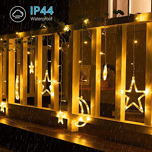 LED Curtain Lights Christmas String Lights Plug in, 3.5M 120 LEDs Curtain String Lights Warm White Fairy Lights Christmas Star Moon Lights with 8 Modes for Bedroom Wedding Party Indoor Decorations
