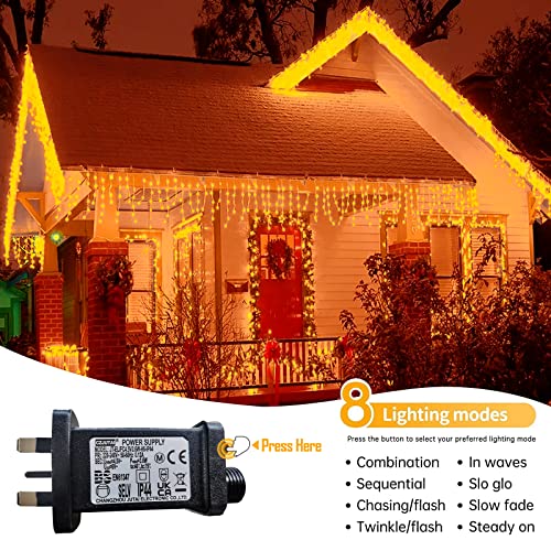 Chipark Icicle Lights Outdoor, 29ft/360 LED Plug in Outdoor Christmas Lights 8 Modes Waterproof Mains Powered Decorate Lighting for Indoor Party Bedroom Garden Yard Christmas Tree (Warm White)