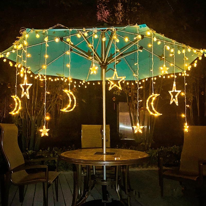 LED Curtain Lights Christmas String Lights Plug in, 3.5M 120 LEDs Curtain String Lights Warm White Fairy Lights Christmas Star Moon Lights with 8 Modes for Bedroom Wedding Party Indoor Decorations