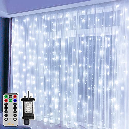 Ollny Curtain Fairy Lights Plug-in, 3m x 3m 300 LED Curtain Lights Indoor Outdoor, (Cool White)