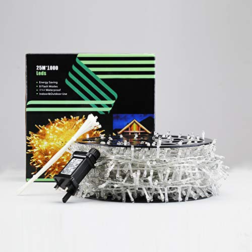 Elegear 25M/1000 LED Christmas Fairy Lights Mains Powered with 8 Modes, Outdoor Waterproof String Lights Plug in for Xmas Tree Wedding Party Garden Outside/Indoor Decoration Decor, Warm White