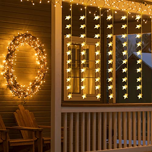 Chiaprk Star Curtain Fairy Lights Battery Powered 1m x 1m 50 LED Christmas String Lights Outdoor Star Lights Waterproof & 8 Modes for Windows, Bedroom, Party, Indoor, Outside Decorations (Warm White)