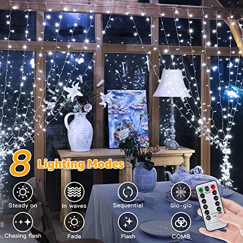 Ollny Curtain Fairy Lights Plug-in, 3m x 3m 300 LED Curtain Lights Indoor Outdoor, (Cool White)