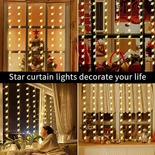 Chiaprk Star Curtain Fairy Lights Battery Powered 1m x 1m 50 LED Christmas String Lights Outdoor Star Lights Waterproof & 8 Modes for Windows, Bedroom, Party, Indoor, Outside Decorations (Warm White)