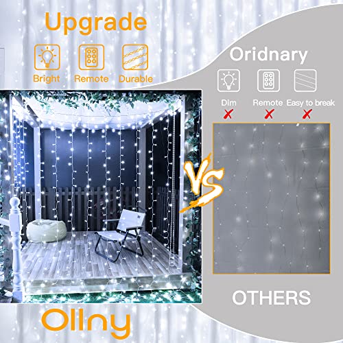 Ollny Curtain Fairy Lights Plug-in, 3m x 3m 300 LED Curtain Lights Indoor Outdoor, (Cool White)