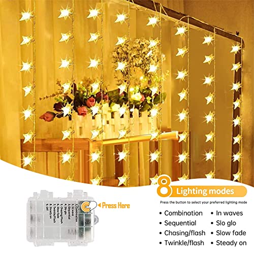 Chiaprk Star Curtain Fairy Lights Battery Powered 1m x 1m 50 LED Christmas String Lights Outdoor Star Lights Waterproof & 8 Modes for Windows, Bedroom, Party, Indoor, Outside Decorations (Warm White)