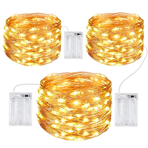 Gritin Fairy Lights Christmas Lights, [3 Pack] 100 LEDs 10m/32ft String Lights Battery Powered, Waterproof Copper Wire Garden Lights for Indoor/Outdoor Decorations, Xmas, Party, Bedroom - Warm White