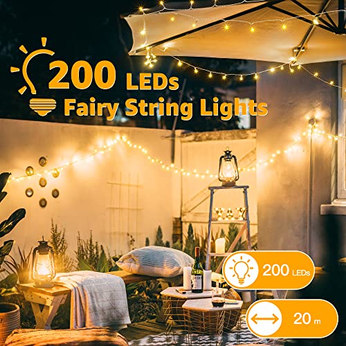 Ollny Fairy Lights Outdoor, 20m 200 LED Fairy Lights Plug in Waterproof Warm White Outdoor Lights, Remote/8 Modes/Timer, Indoor/Outside/Garden/Party Christmas Decorations String Lights Mains Powered