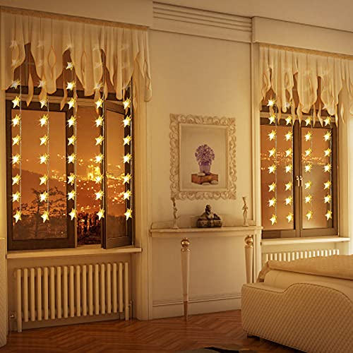 Chiaprk Star Curtain Fairy Lights Battery Powered 1m x 1m 50 LED Christmas String Lights Outdoor Star Lights Waterproof & 8 Modes for Windows, Bedroom, Party, Indoor, Outside Decorations (Warm White)