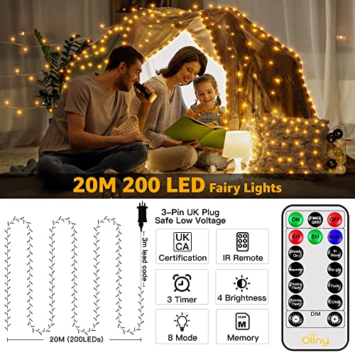 Ollny Fairy Lights Outdoor, 20m 200 LED Fairy Lights Plug in Waterproof Warm White Outdoor Lights, Remote/8 Modes/Timer, Indoor/Outside/Garden/Party Christmas Decorations String Lights Mains Powered