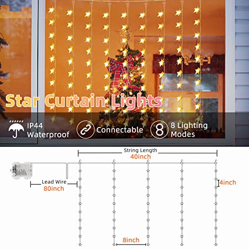 Chiaprk Star Curtain Fairy Lights Battery Powered 1m x 1m 50 LED Christmas String Lights Outdoor Star Lights Waterproof & 8 Modes for Windows, Bedroom, Party, Indoor, Outside Decorations (Warm White)