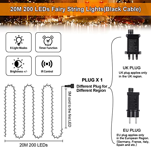 Vacoulery Fairy Lights Mains Powered 20M 200 LED Warm White Fairy Lights 8 Modes Fairy Lights Plug in with Remote Control & Timer for Christmas Outdoor Indoor Garden(Black Cable)
