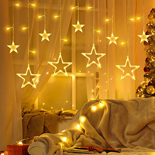 GYLEFY Christmas Window Lights, 12 Stars 138 LED Star Curtain Lights with 8 Flashing Modes, Indoor/Outdoor Waterproof Xmas Fairy Lights for Christmas, Wedding, Party, Bedroom Decorations (Warm White)