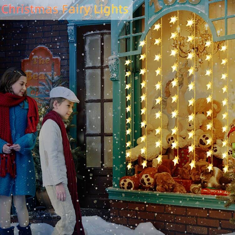 Chiaprk Star Curtain Fairy Lights Battery Powered 1m x 1m 50 LED Christmas String Lights Outdoor Star Lights Waterproof & 8 Modes for Windows, Bedroom, Party, Indoor, Outside Decorations (Warm White)